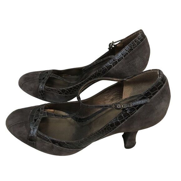Ann Taylor Loft Brown Suede & Faux Croc Leather T-Strap Heels Size 6.5 Flapper - Picture 3 of 7